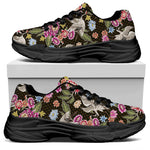 Asian Crane Bird Pattern Print Black Chunky Shoes