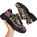 Asian Crane Bird Pattern Print Black Chunky Shoes