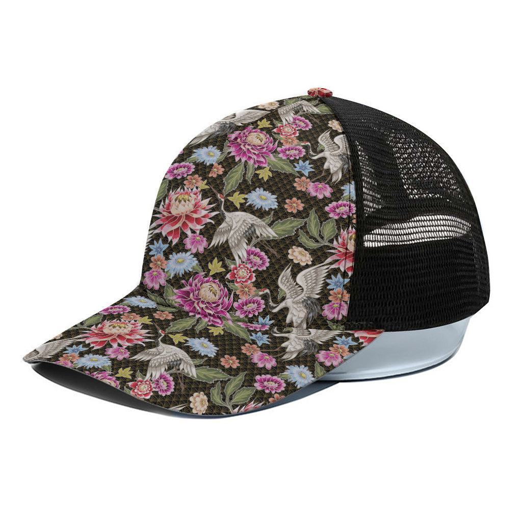 Asian Crane Bird Pattern Print Black Mesh Trucker Cap