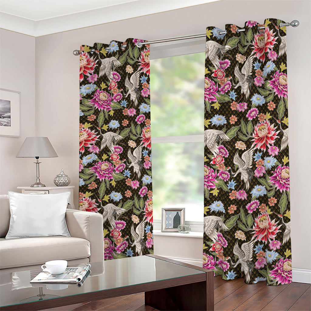 Asian Crane Bird Pattern Print Blackout Grommet Curtains