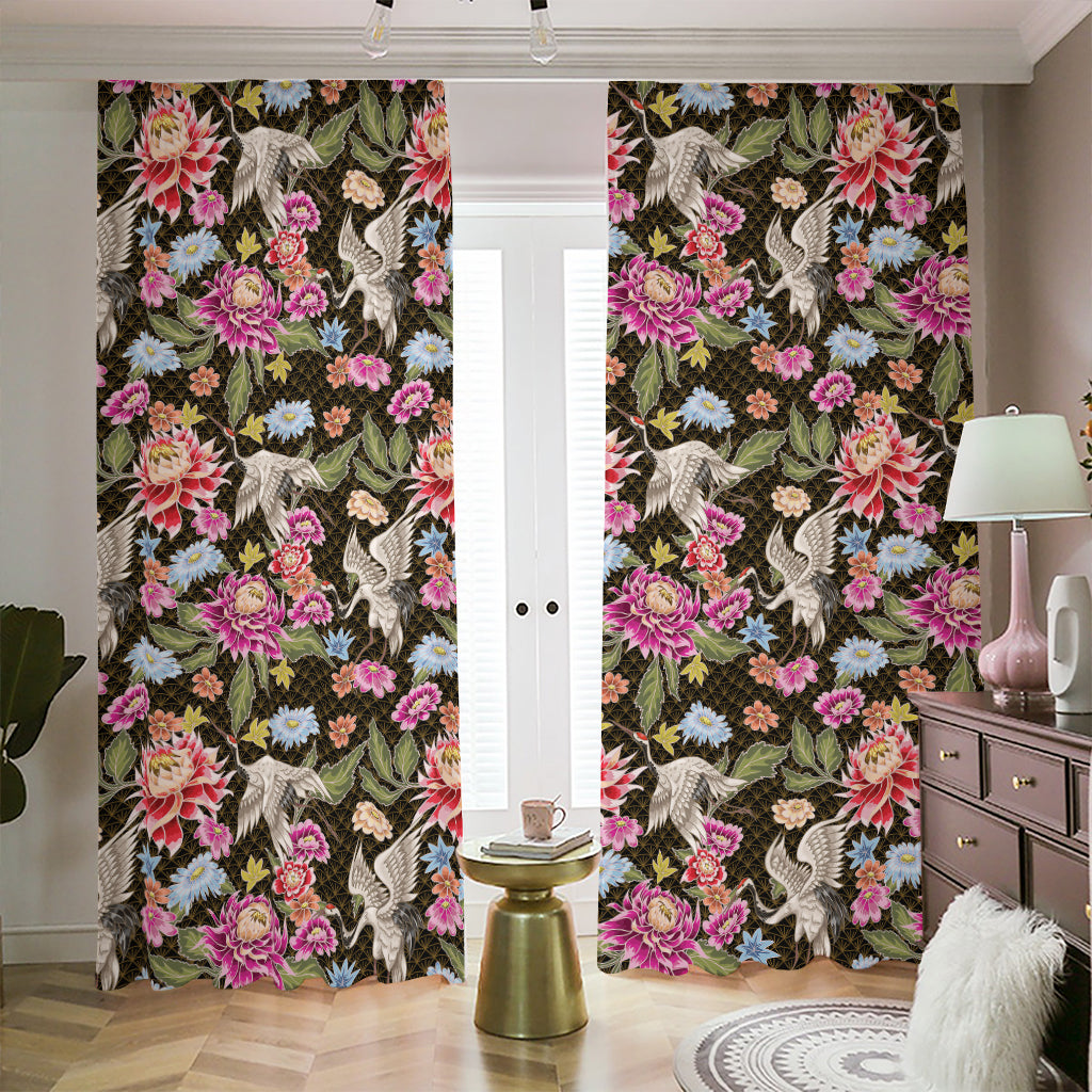 Asian Crane Bird Pattern Print Blackout Pencil Pleat Curtains