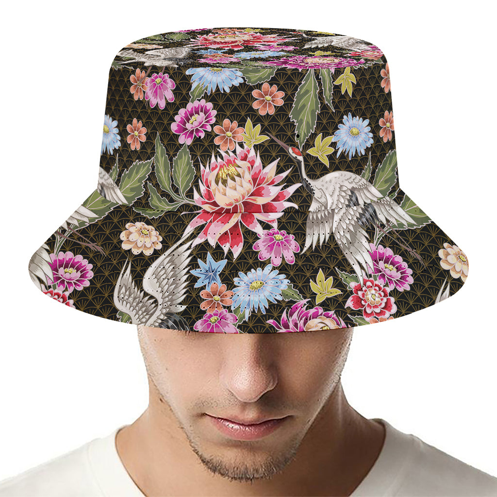 Asian Crane Bird Pattern Print Bucket Hat