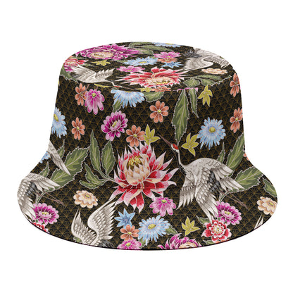 Asian Crane Bird Pattern Print Bucket Hat