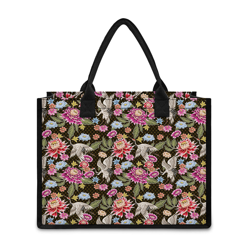 Asian Crane Bird Pattern Print Canvas Tote Bag