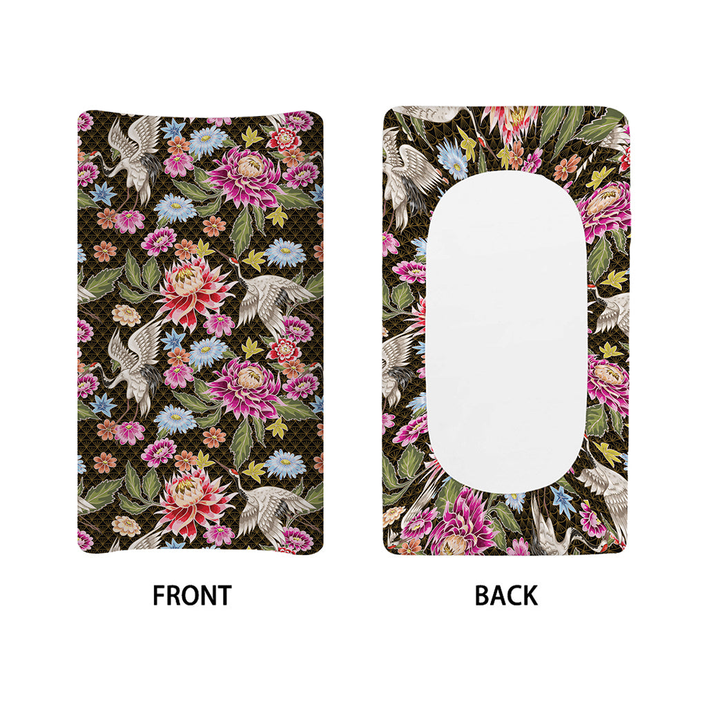 Asian Crane Bird Pattern Print Changing Pad Cover