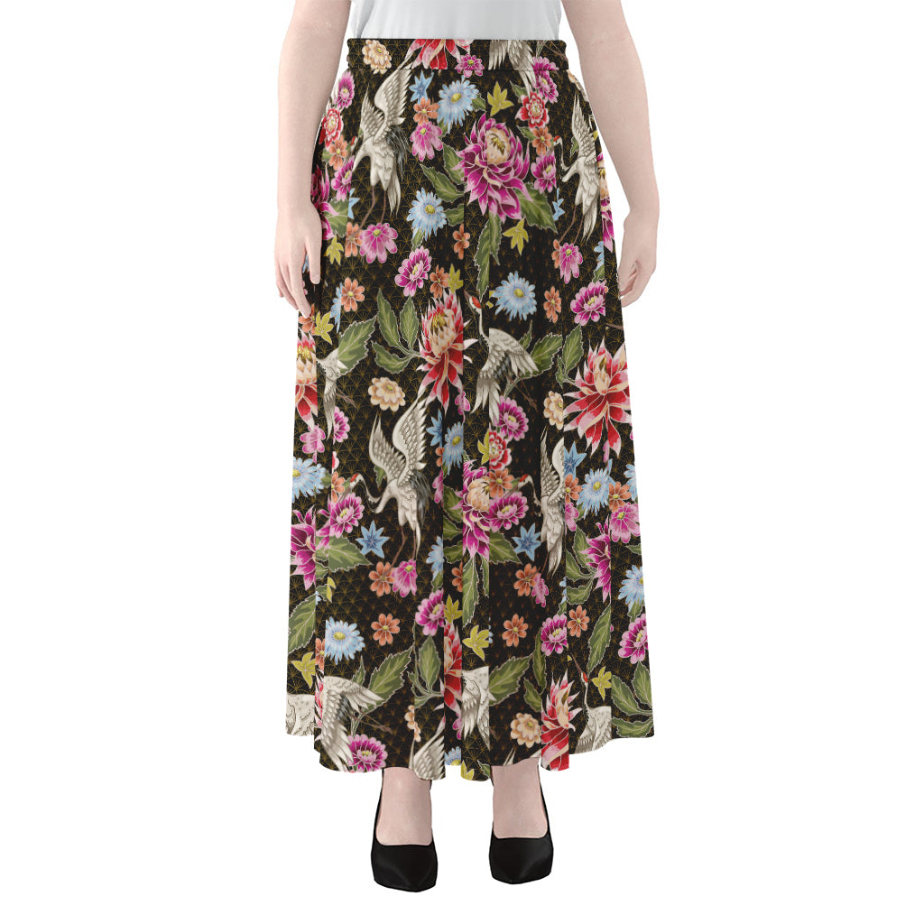 Asian Crane Bird Pattern Print Chiffon Maxi Skirt