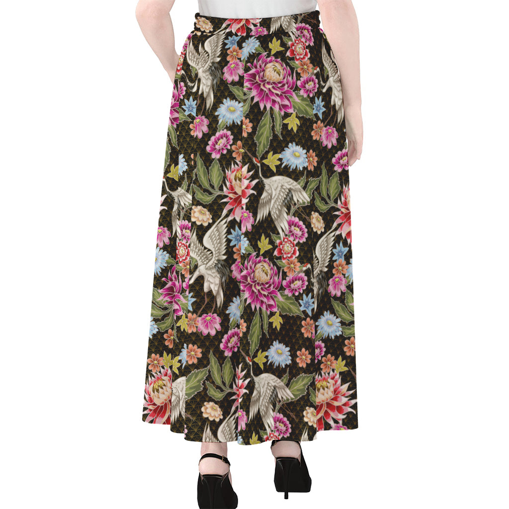 Asian Crane Bird Pattern Print Chiffon Maxi Skirt