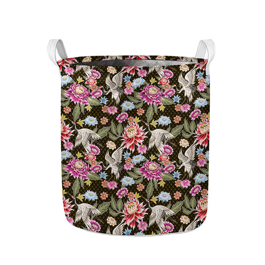 Asian Crane Bird Pattern Print Collapsible Laundry Basket