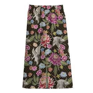 Asian Crane Bird Pattern Print Cotton Front Slit Maxi Skirt