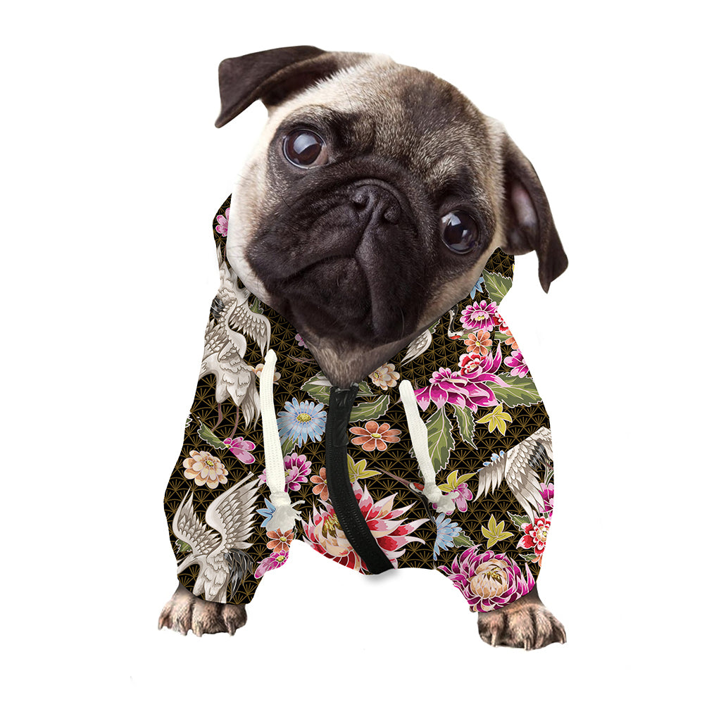 Asian Crane Bird Pattern Print Dog Zip Up Hoodie