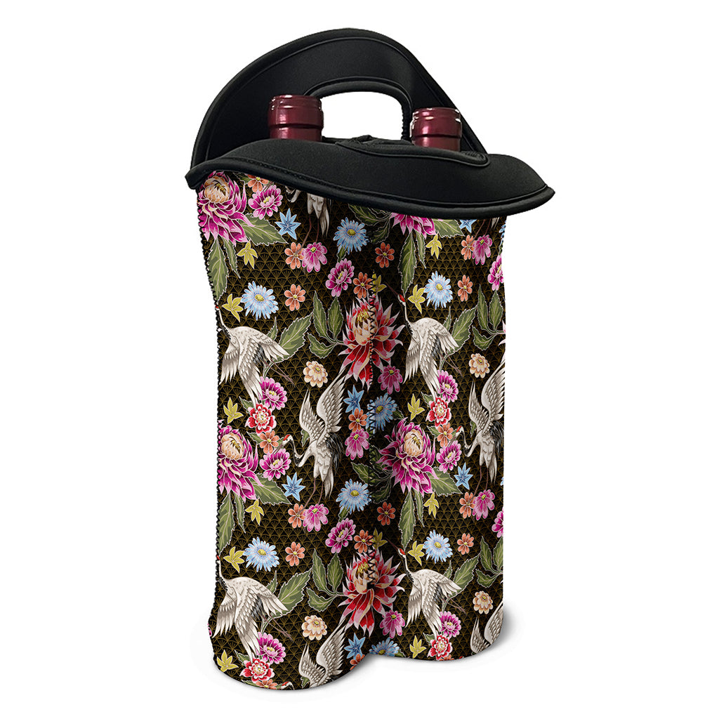 Asian Crane Bird Pattern Print Double Neoprene Wine Tote