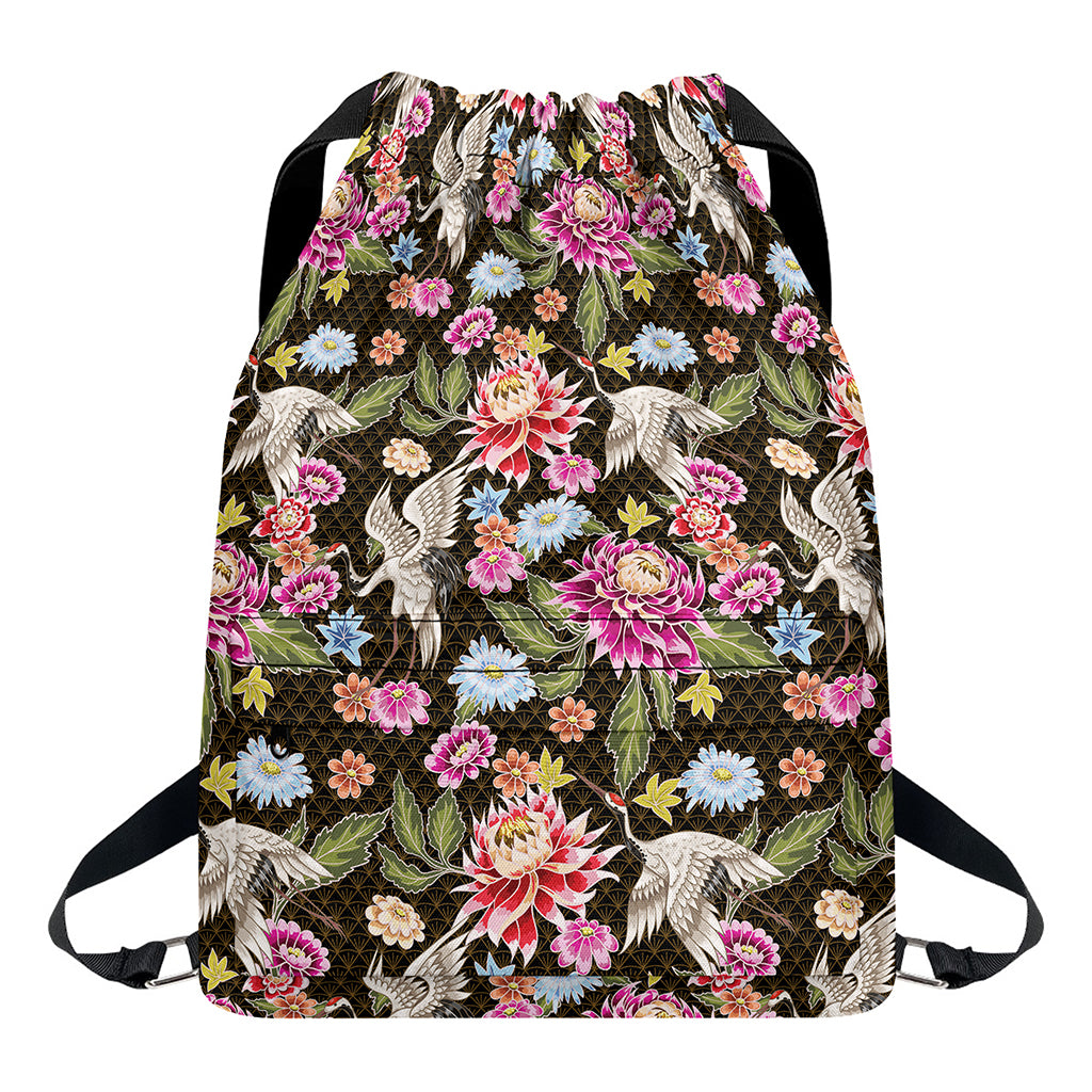 Asian Crane Bird Pattern Print Drawstring Backpack