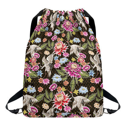 Asian Crane Bird Pattern Print Drawstring Backpack