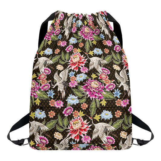 Asian Crane Bird Pattern Print Drawstring Backpack