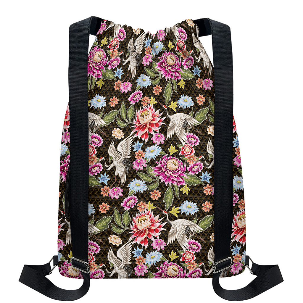 Asian Crane Bird Pattern Print Drawstring Backpack