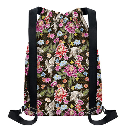 Asian Crane Bird Pattern Print Drawstring Backpack