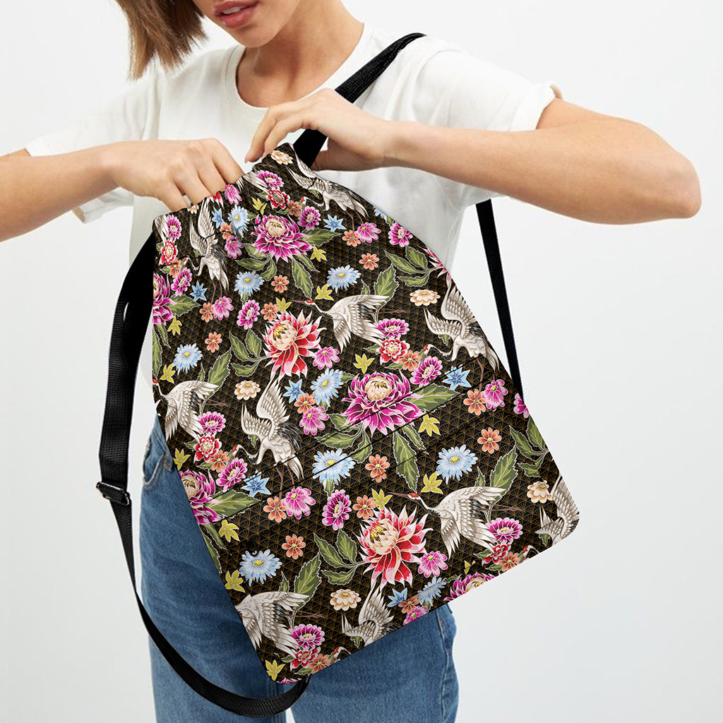 Asian Crane Bird Pattern Print Drawstring Backpack