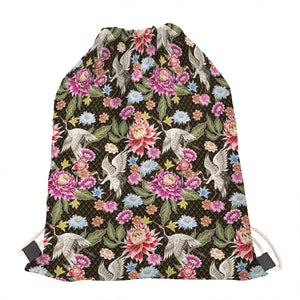 Asian Crane Bird Pattern Print Drawstring Bag