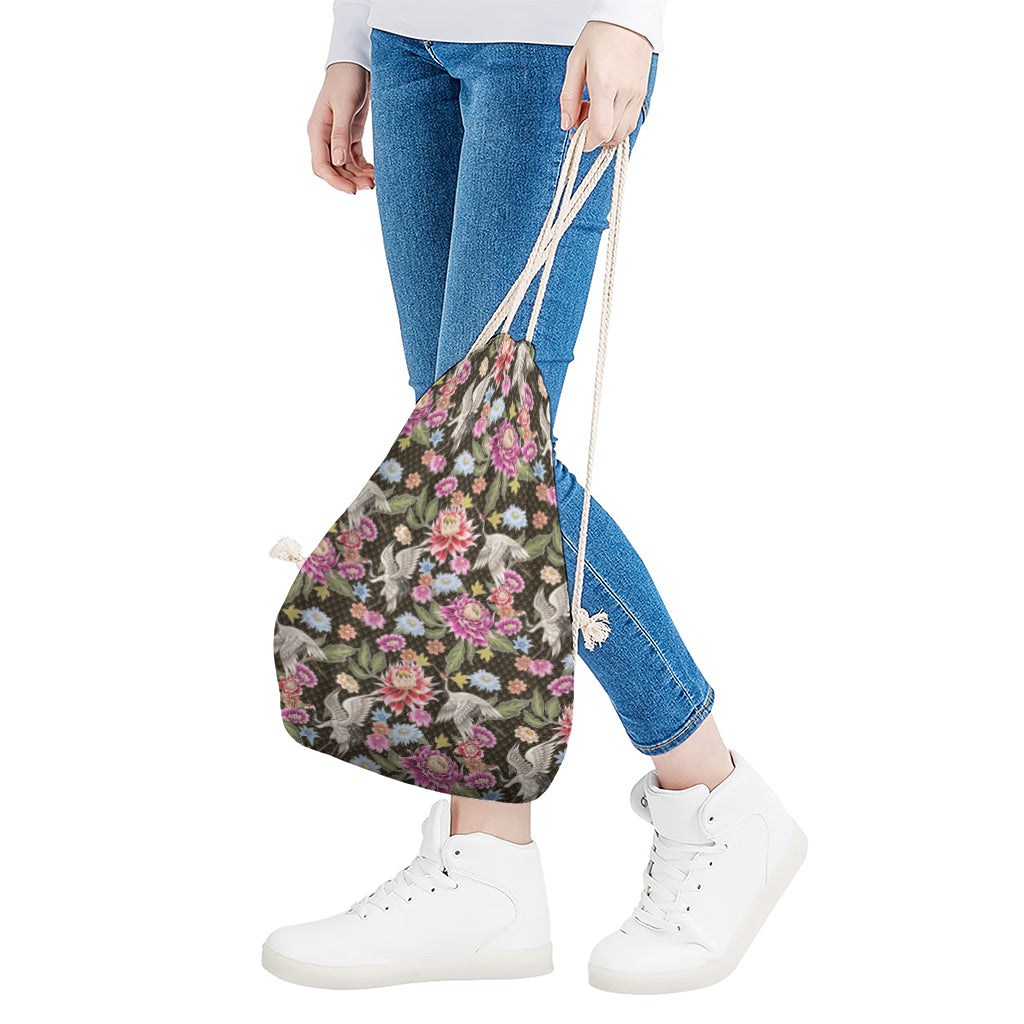 Asian Crane Bird Pattern Print Drawstring Bag