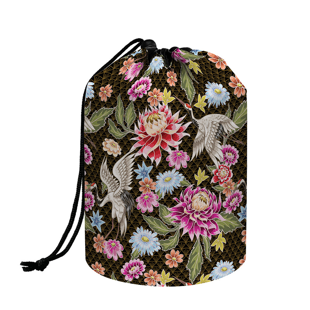 Asian Crane Bird Pattern Print Drawstring Makeup Bag