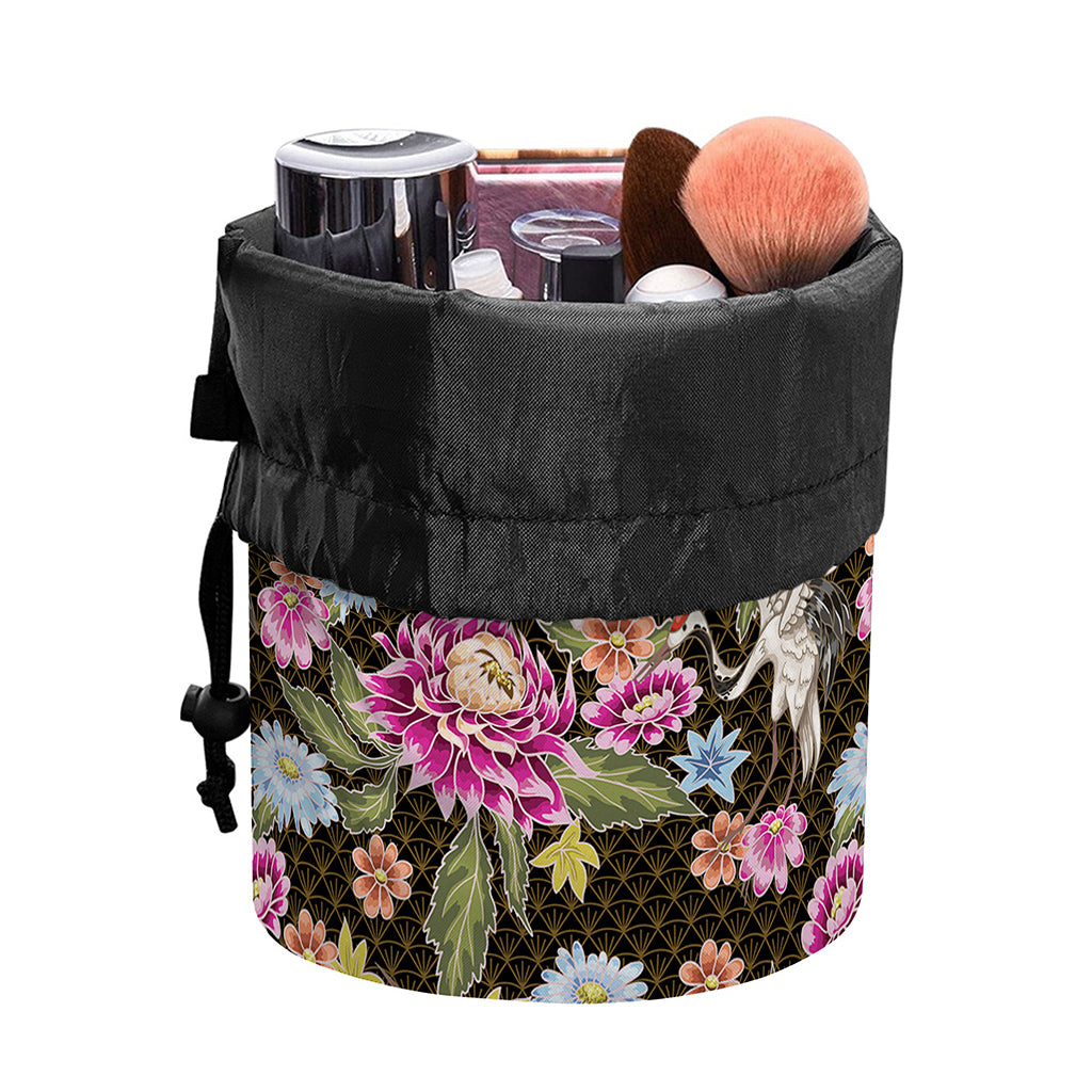 Asian Crane Bird Pattern Print Drawstring Makeup Bag