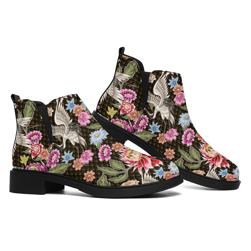 Asian Crane Bird Pattern Print Flat Ankle Boots