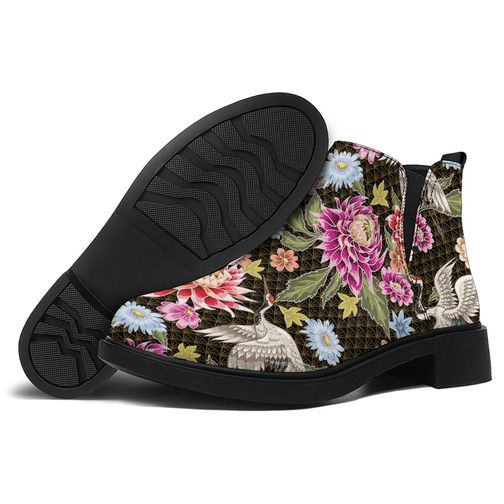 Asian Crane Bird Pattern Print Flat Ankle Boots