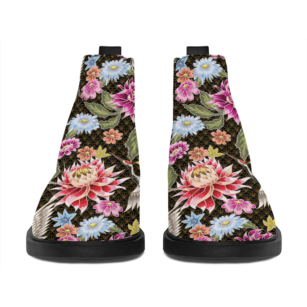 Asian Crane Bird Pattern Print Flat Ankle Boots