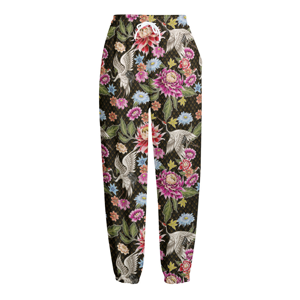 Asian Crane Bird Pattern Print Fleece Lined Knit Pants