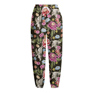 Asian Crane Bird Pattern Print Fleece Lined Knit Pants