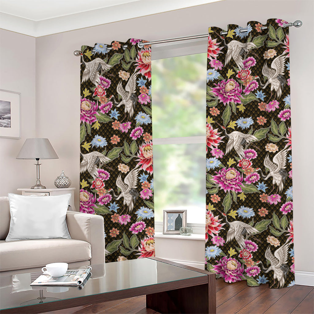 Asian Crane Bird Pattern Print Grommet Curtains