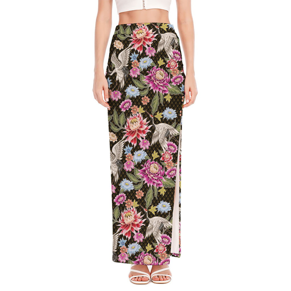 Asian Crane Bird Pattern Print High Slit Maxi Skirt