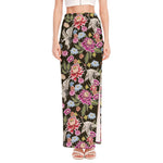 Asian Crane Bird Pattern Print High Slit Maxi Skirt