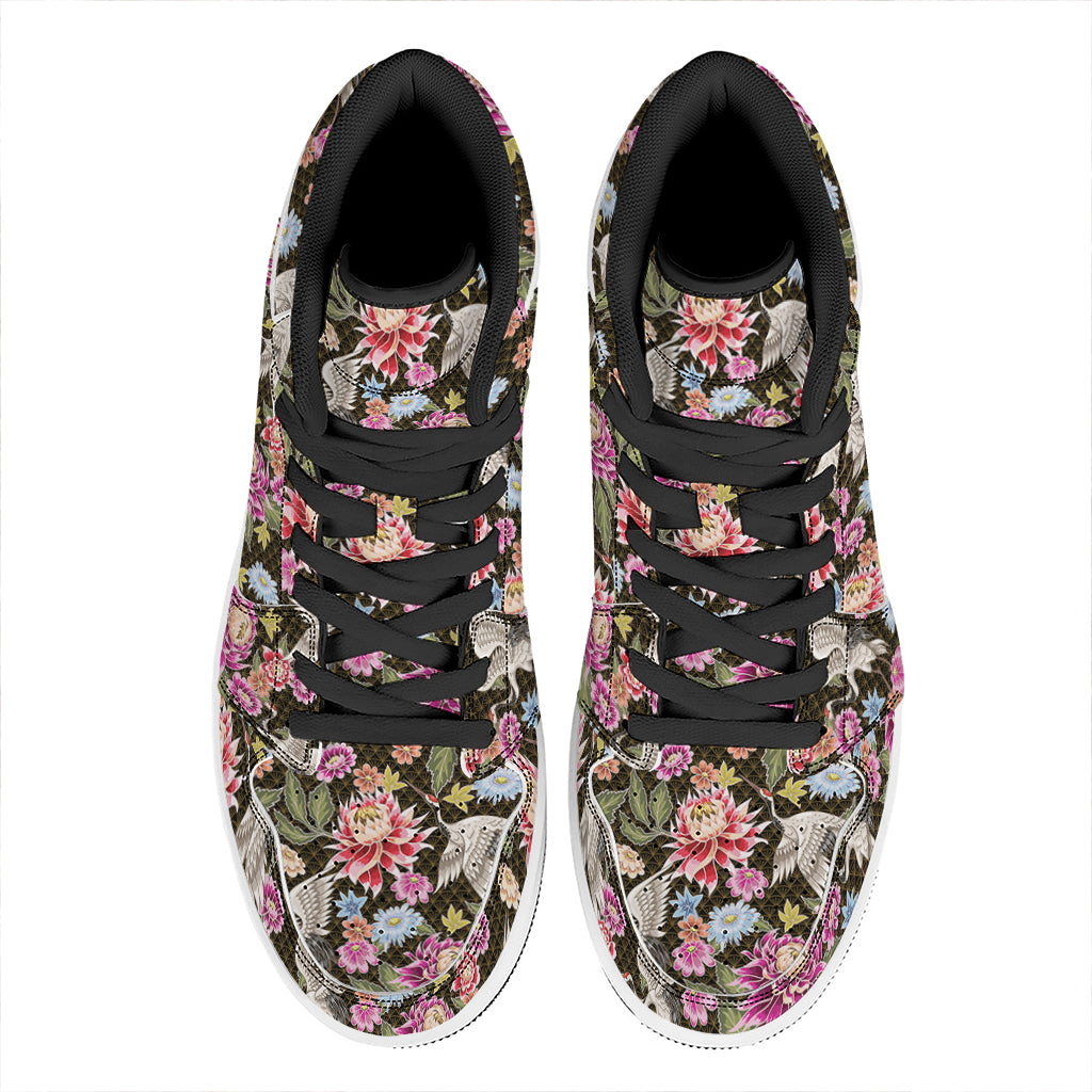 Asian Crane Bird Pattern Print High Top Leather Sneakers