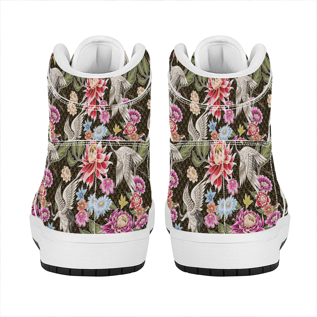 Asian Crane Bird Pattern Print High Top Leather Sneakers