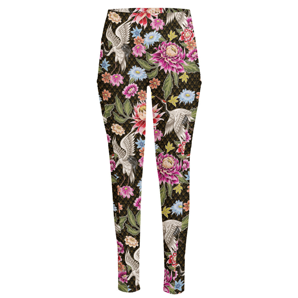 Asian Crane Bird Pattern Print High-Waisted Pocket Leggings