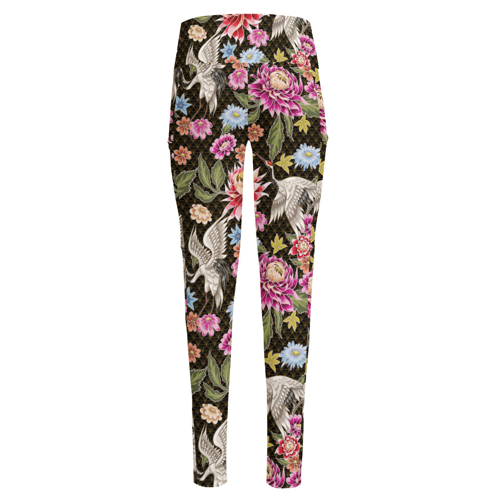 Asian Crane Bird Pattern Print High-Waisted Pocket Leggings