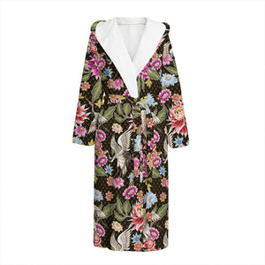 Asian Crane Bird Pattern Print Hooded Bathrobe