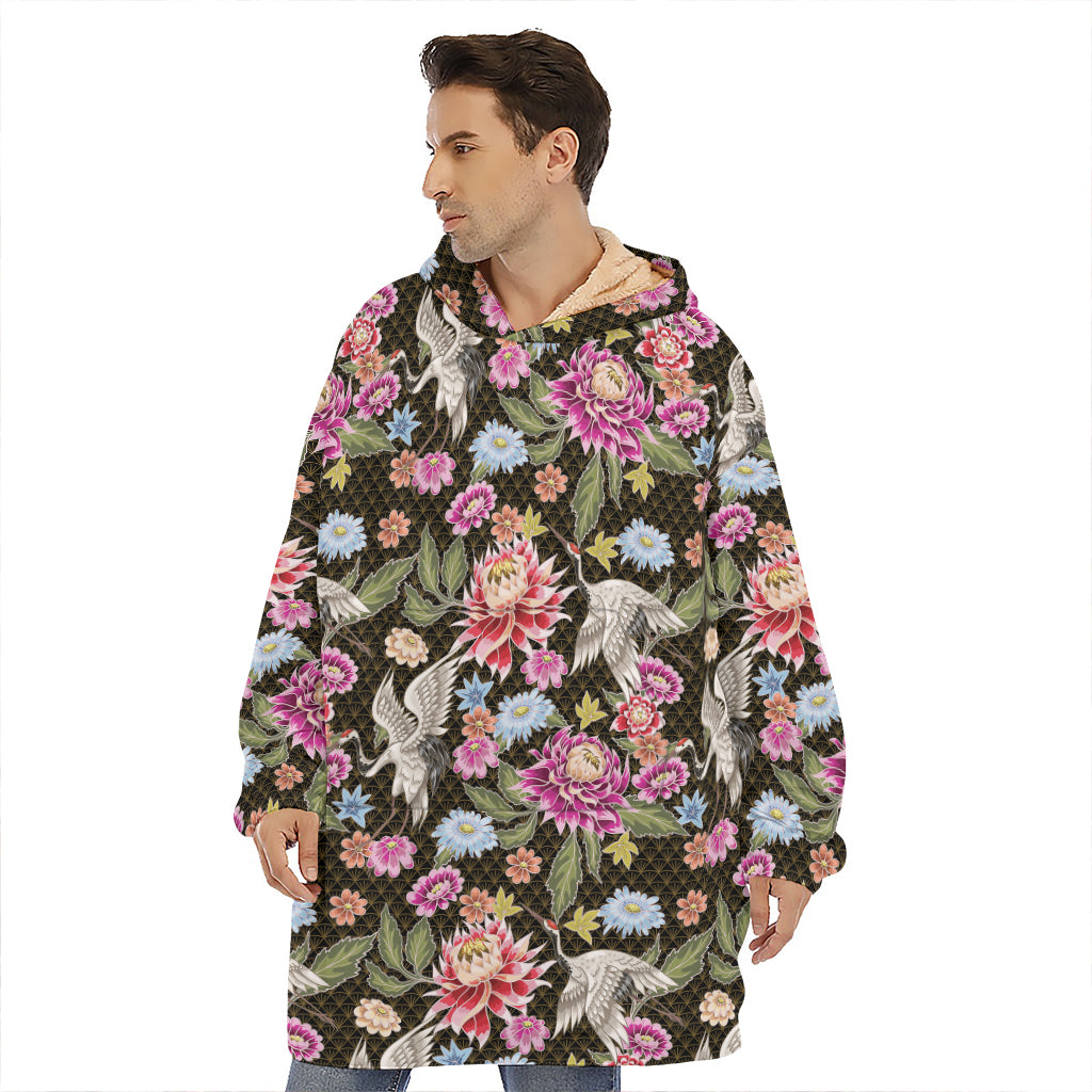 Asian Crane Bird Pattern Print Hoodie Blanket