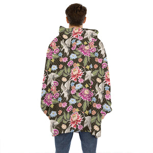 Asian Crane Bird Pattern Print Hoodie Blanket