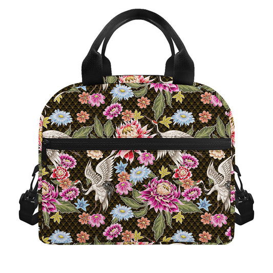 Asian Crane Bird Pattern Print Insulated Lunch Bag