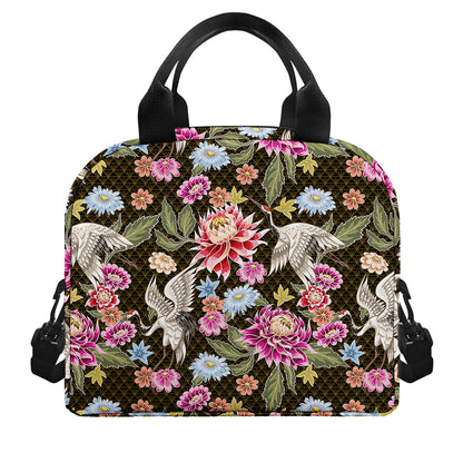 Asian Crane Bird Pattern Print Insulated Lunch Bag
