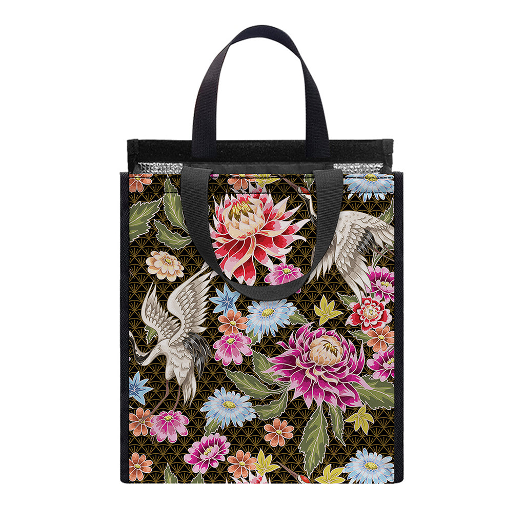Asian Crane Bird Pattern Print Insulated Lunch Tote