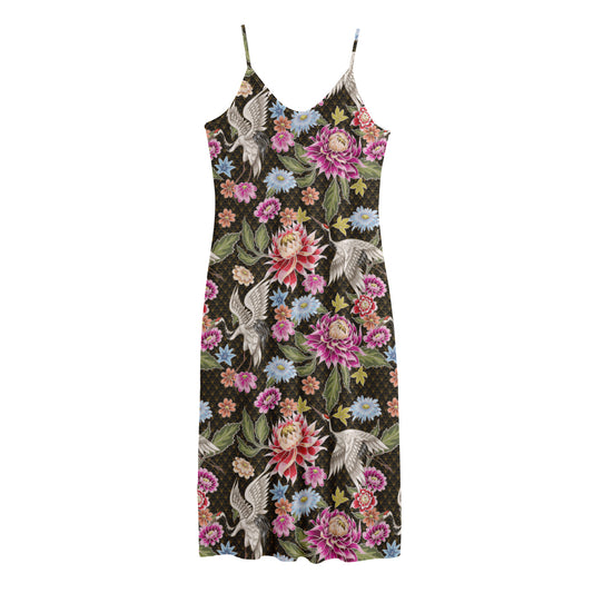 Asian Crane Bird Pattern Print Jersey Midi Cami Dress
