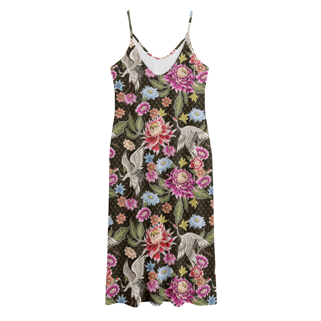 Asian Crane Bird Pattern Print Jersey Midi Cami Dress