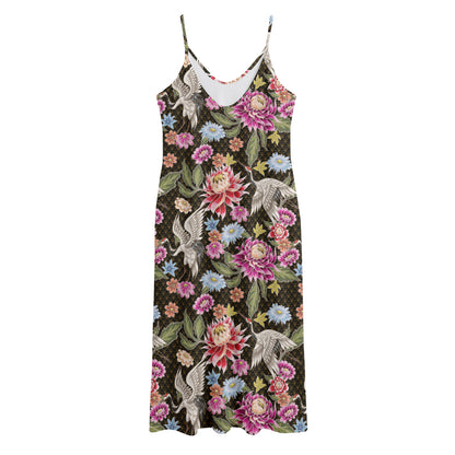 Asian Crane Bird Pattern Print Jersey Midi Cami Dress