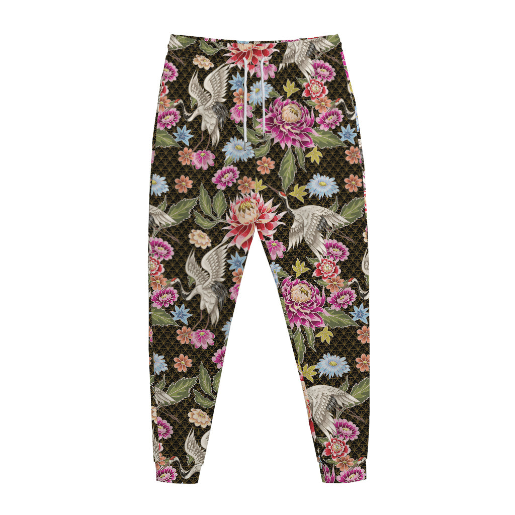 Asian Crane Bird Pattern Print Jogger Pants