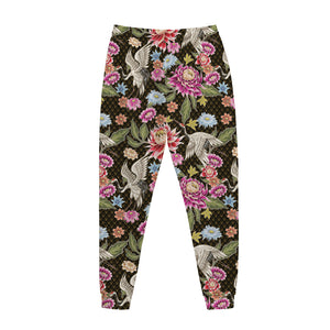 Asian Crane Bird Pattern Print Jogger Pants