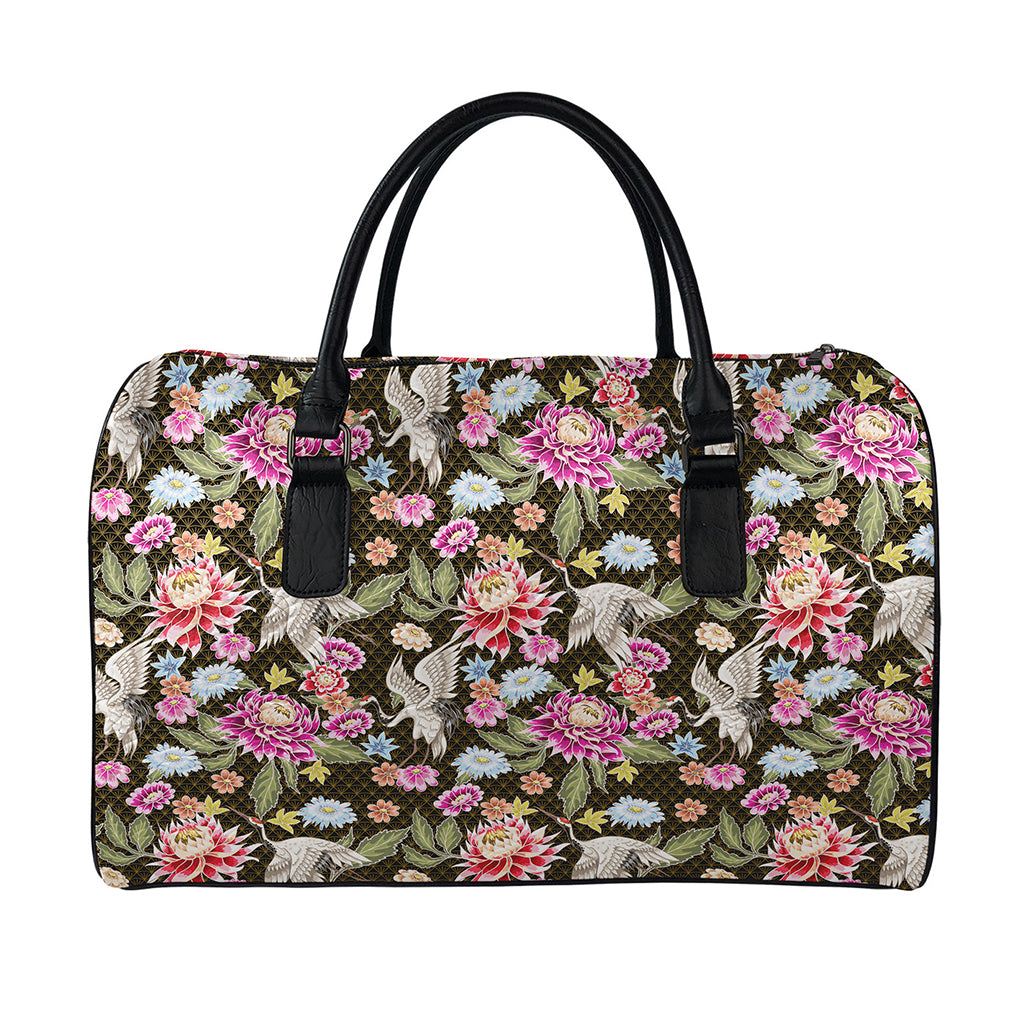 Asian Crane Bird Pattern Print Leather Duffle Bag