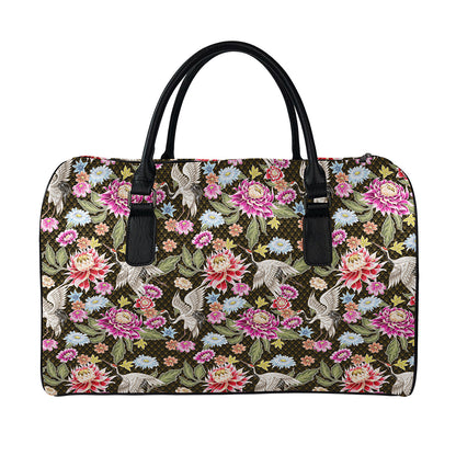 Asian Crane Bird Pattern Print Leather Duffle Bag